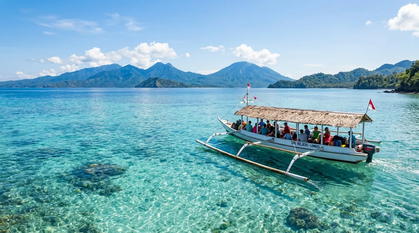 Traditional outrigger tour boat on turquoise tropical sea